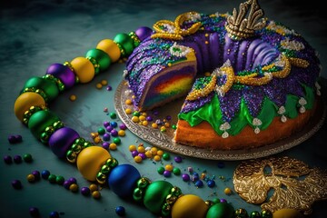 Wall Mural - Sliced Mardi Gras king cake surrounded by colorful beads stock photo Mardi Gras, Epiphany Cake, New Orleans, Bead, Parade