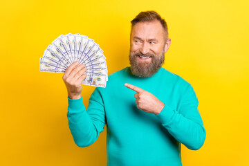 Wall Mural - Photo of successful man millionaire wear trendy clothes presenting win casino lottery usd isolated on yellow color background