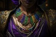 Multi colored mardi gras beads over a woman's chest