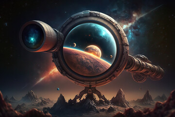 Wall Mural - Astronomical telescope of the future on an alien planet. Fantasy sci-fi concept with AI generation.