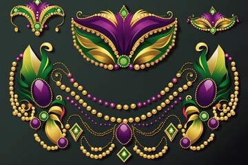 Wall Mural - Greeting card template with beads for Mardi Gras for decoration and covering. Vector Illustration