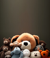 Creative Composition. Many Stuffed Toys Isolated. Mock Up. View, Copy Space. Top. Flat Lay	
