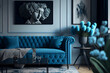 A blue luxury europe style interior design with a sofa and tea table. Luxury blue interior design. Generative AI.