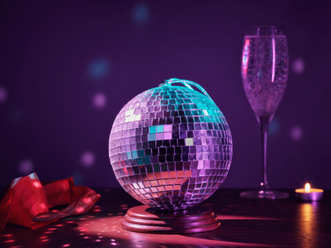 Fototapete - Disco ball, champagne glass and candle. Party set