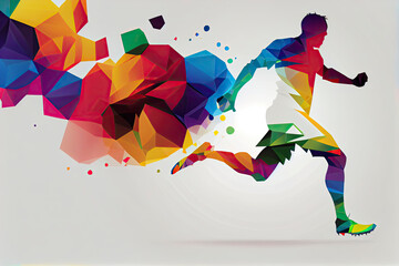 Creative silhouette of soccer player. Football player kicks the ball in trendy abstract colorful polygon style with rainbow back