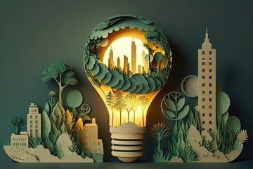 Wall Mural - Paper cut of light bulb with green eco city. Generative AI