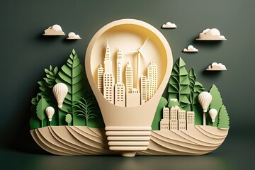 Wall Mural - Paper cut of light bulb with green eco city. Generative AI