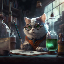 A Portrait Of A Scientist Cat In Glasses Writing An Experiment Results With Magic Pen In A Laboratory. Created With Generative AI.