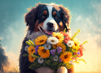 Wall Mural - A portrait of a dog holding a large bouquet outdoors. Created with Generative AI.