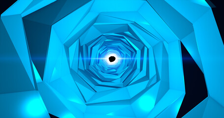 Abstract blue moving tunnel from the edge of the pentagon and segments industrial futuristic hi-tech, abstract background