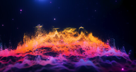 Wall Mural - Abstract moving multicolored purple and yellow futuristic landscape of particles and dots of energetic magic with glow and blur effect, abstract background