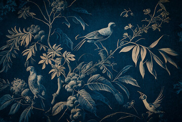 a chic vintage wallpaper of a rococo blooms flowers dreamy intricate details pastel scheme blue gold