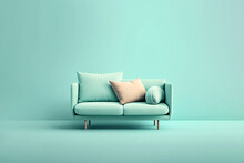 Soft Blue Sofa On Blue Background, 3D Illustration, AI Generated Image. Modern Minimalistic Living Room Interior Detail. Cosiness, Social Media And Sale Concept, Creative Advertisement Idea