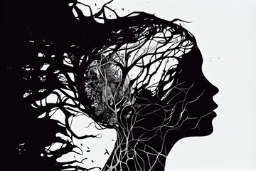 Wall Mural - Mental health, depression, sadness, loneliness creative abstract concept. Head silhouette with depression illustration idea inside. Mental illness.