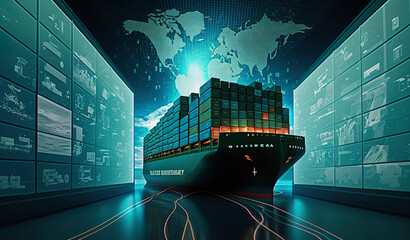 Shipping companies of the future and their customers will combine container shipments on cargo ships. Shipment tracking. Logistics solutions from the future in the image created with the help of AI.