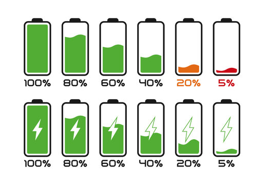 Wall Mural -  - Battery level indicators in percentage. Battery life indicator symbols 0-100 percent.  Smartphone or laptop charging illustration.