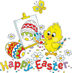 Wall Mural - Easter card with a happy little chick drawing a decorated gift egg with bright paints on an easel on a pretty spring lawn with white camomiles, vector cartoon illustration on white