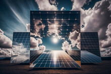 Generative AI Illustration Of Solar Panels And Blue Sky. Solar Panels System Power Generators From Sun