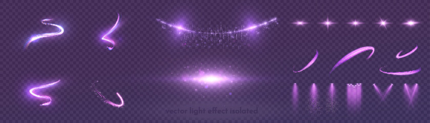 Poster - Set of light purple effect of bright lights, garlands, spotlights, comet lights. Sunlight burst. PNG raiding.