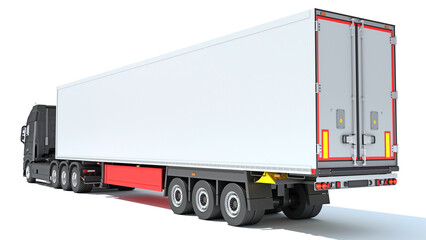 Truck with Reefer Refrigerator Trailer 3D rendering on white background