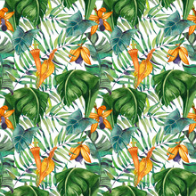 Seamless Pattern On A White Background. Tropical Orange Flowers And Green Plants Leaves Hand-drawn In Watercolor On A White Background. Great For Printing On Fabric, Wallpaper.