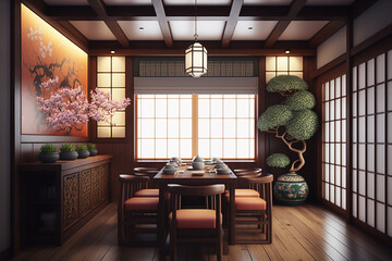 Fancy asian restaurant interior design, generative ai