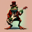 frog in a red tailcoat and top hat plays the guitar