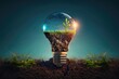 An earth-filled lightbulb containing a small tree, set against a blue background, symbolizes sustainability and the importance of nurturing the planet for a greener future. Generative AI