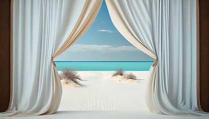  White curtains opening, revealing paradise beach. generative AI