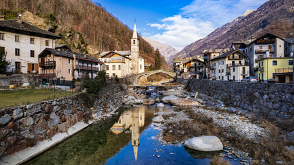 Wall Mural - most beautiful Alpine villages of northern Italy- Fontainemore, medieval borgo in Valle d'Aosta region, aerial drone view