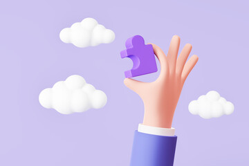 Wall Mural - 3D Cartoon hands connecting. Hand hold puzzle pieces. Purple blue color jigsaw. Connecting jigsaw puzzle. Symbol of teamwork, cooperation, partnership. Problem-solving. business concept. 3d rendering