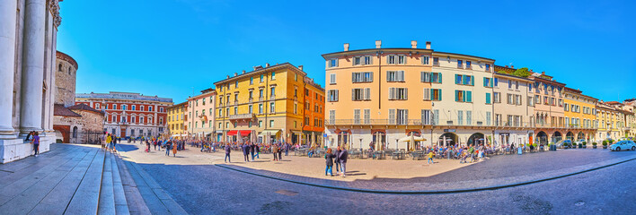 Wall Mural - Historic houses and outdoor cafes of Piazza Paolo VI square in Brescia, Italy