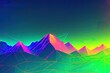 © Aleksandr - 80s synthwave styled landscape, retrowave wireframe mountains, neon lines over arcade space planet canyon. Generative AI