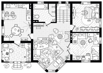 floor plan in top view. outline sketch drawing. cottage with bay window in the living room. architec