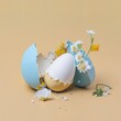Pastel creative Easter concept, broken colored delicious egg surrounded by fresh spring field flowers. Generative AI.