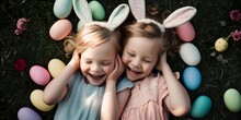 Flat Lay Of Joyful Smiling Little Kids Enjoying Easter Holidays, Painted, Pastel, Decorated Eggs And Bunny Ears. Spring In A Nature On The Grass. Generative AI.
