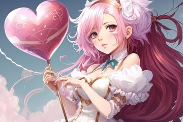 Wall Mural - Anime girl with pink hair, white skirt and long ribbons. AI