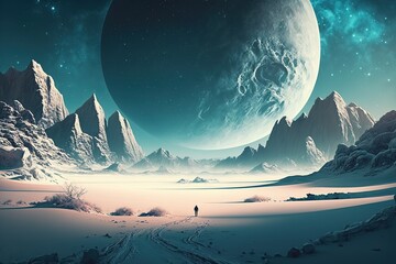 Wall Mural - Fantastic cold landscape of an empty planet. AI