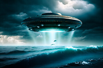 Wall Mural - unidentified flying object UFO hovering above ocean and sea