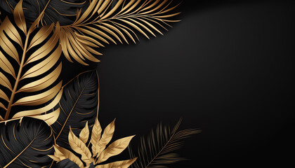 Wall Mural - Luxury floral background with golden and black palm, monstera leaves on black background with empty space for text.