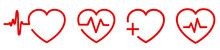 Set Red Heart Icons, Pulse One Line, Cardiogram Sign, Heartbeat - Stock Vector