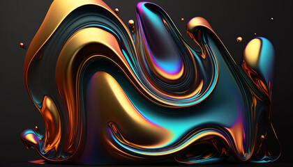 Wall Mural - Abstract liquid background on golden dark background. Colorful vivid color wavy fluid motion flow, rainbow gradient colors.