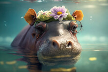 A Hippo Wearing A Ring Of Flower, Generative AI