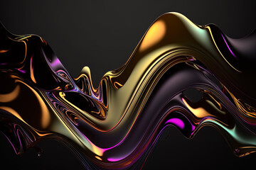 Sticker - Abstract liquid background on golden dark background. Colorful vivid color wavy fluid motion flow, rainbow gradient colors.