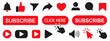 Set subscribe button icons: cursor, bell, like, comment, share sign for channel, blog, social media. Subscribe icon shape sign button set – for stock