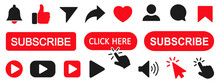 Set Subscribe Button Icons: Cursor, Bell, Like, Comment, Share Sign For Channel, Blog, Social Media. Subscribe Icon Shape Sign Button Set – For Stock