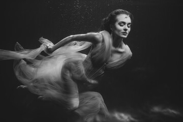 Sticker - Young beautifull caucasian woman in dress under water in black and white