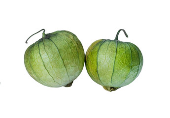 physalis philadelphica. Tomatillo or Mexican husk tomato. Fresh organic green tomatillos (Physalis philadelphica) with a husk. Two whole isolated on white