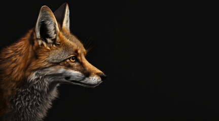 Wall Mural - portrait of a red fox, photo studio set up with key light, isolated with black background and copy space - generative ai