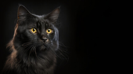 Wall Mural - portrait of a black cat, photo studio set up with key light, isolated with black background and copy space - generative ai